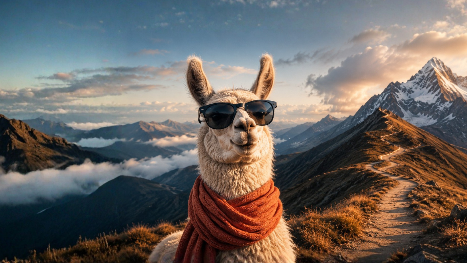 Lama con occhiali da sole in vetta